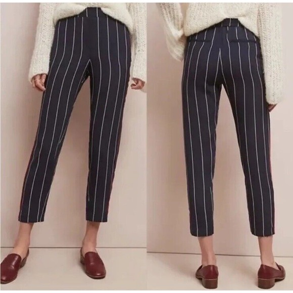 ANTHROPOLOGIE Ett:Twa Piped & Striped Pants Navy White Stripes Red Small Ad6 - Picture 1 of 7